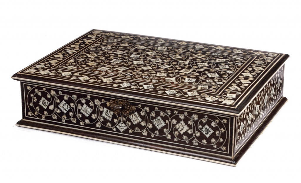 A large pen-engraved bone inlaid ebony document box