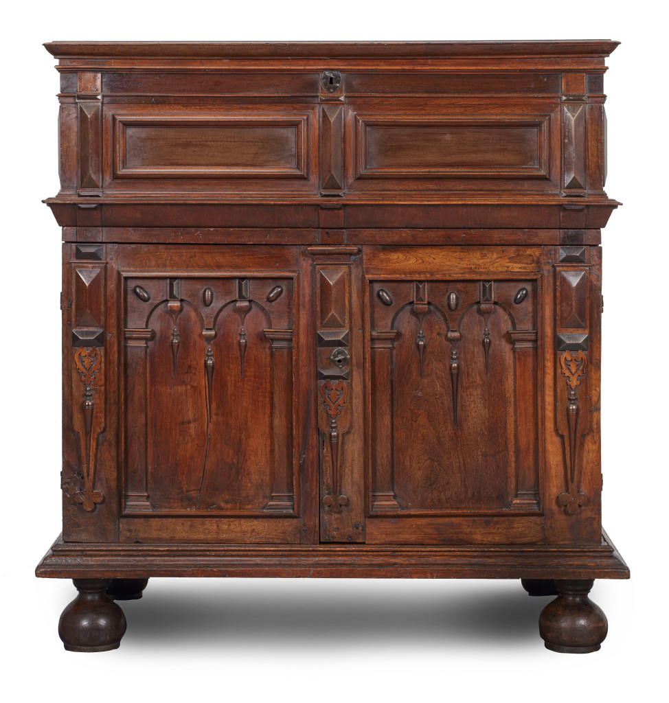 A joined enclosed American walnut, white oak, pine, beech, maple, krappa (crabwood), and letterwood Boston chest of drawers with lidded top