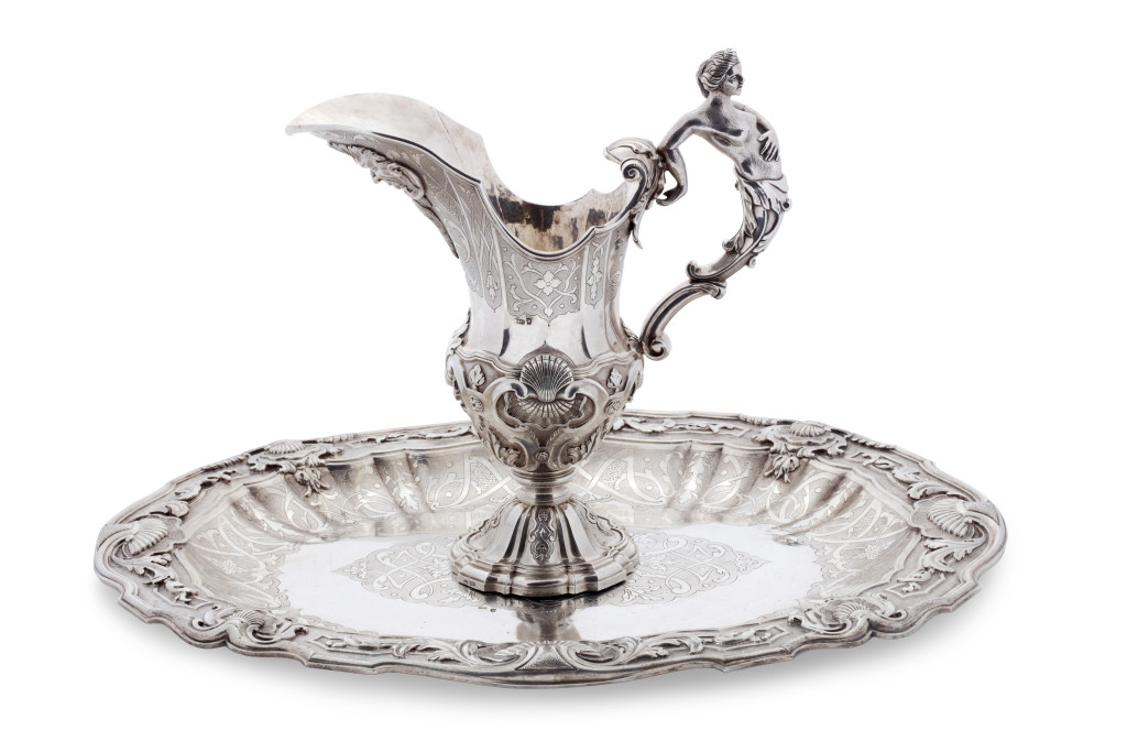 A large Brazilian colonial silver basin and ewer