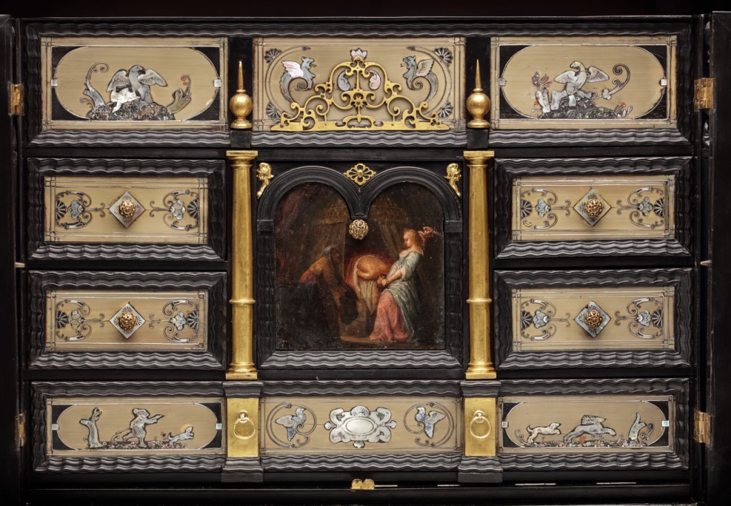 A fine ebony and pen-engraved mother-of-pearl and lacquer inlaid baleen collector's cabinet by or attributed to Herman Doomer (1595-1650) and Jean Bellekin (c. 1597-1635)