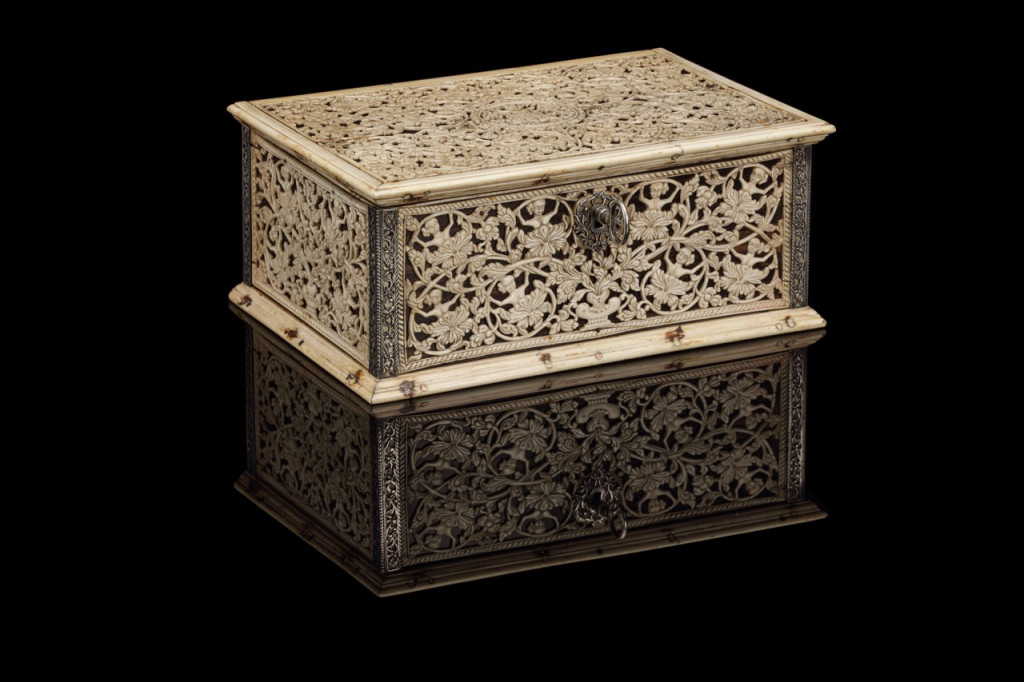 A rare Portuguese-Sinhalese openwork ivory and ebony casket with silver mounts