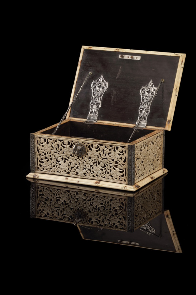 A rare Portuguese-Sinhalese openwork ivory and ebony casket with silver mounts