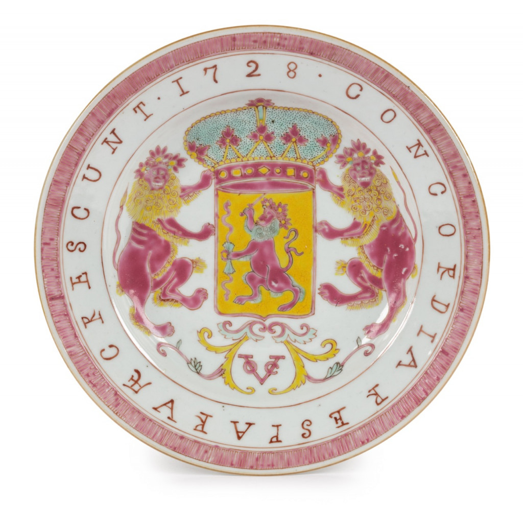 A pink, yellow and green enamelled porcelain VOC plate