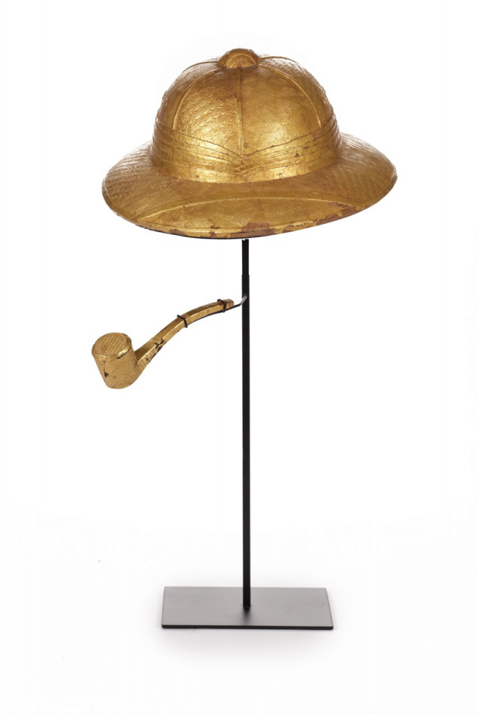 A splendid Bouelé Chief’s gilt-wood crown and sceptre in the form of a Pith helmet and pipe