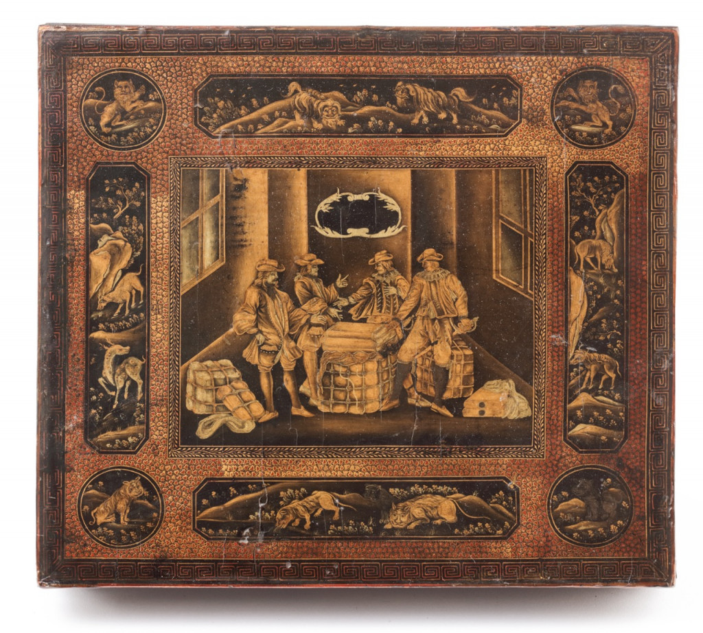 A Persian export lacquer Chinoiserie box for the Dutch market depicting Leiden cloth-traders