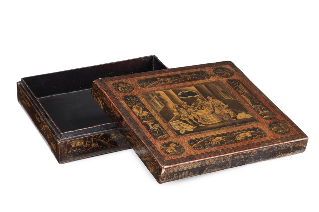 A Persian export lacquer Chinoiserie box for the Dutch market depicting Leiden cloth-traders