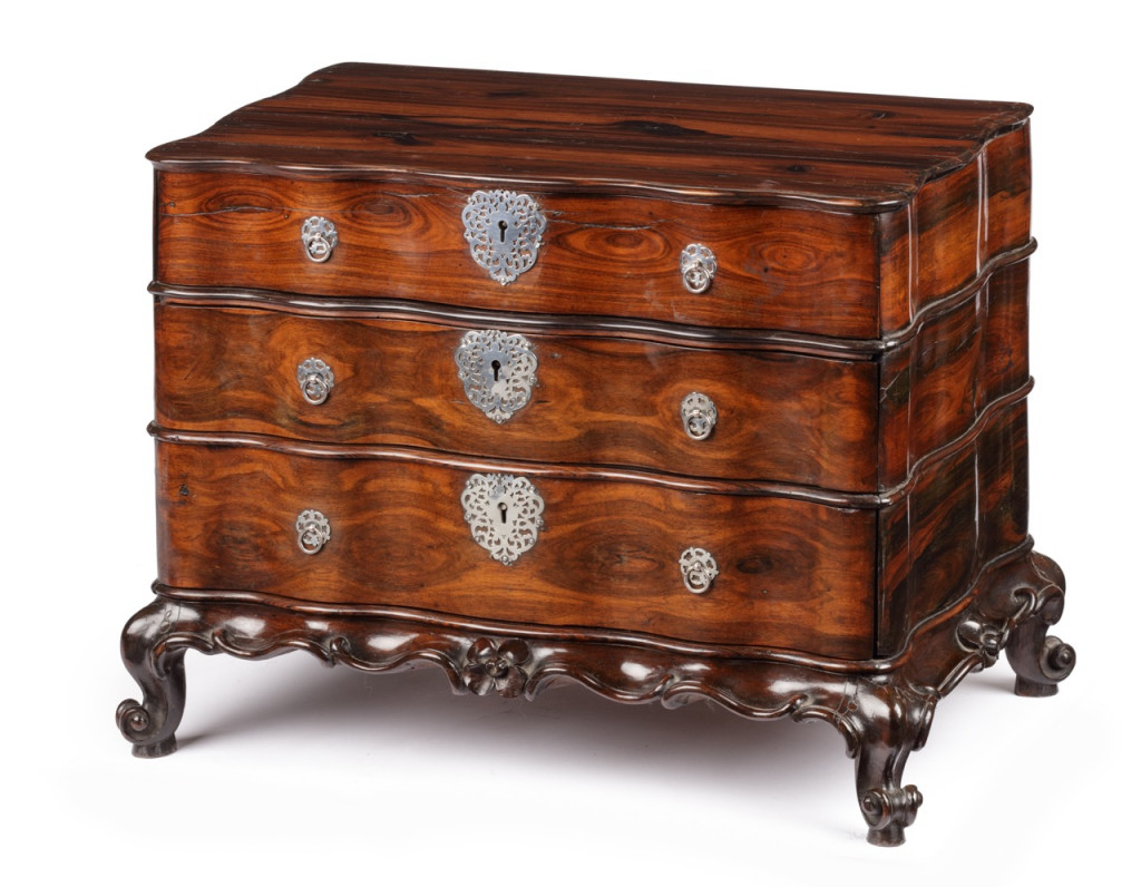 A Dutch-colonial Sri Lankan coromandel wood miniature chest of drawers with silver mounts