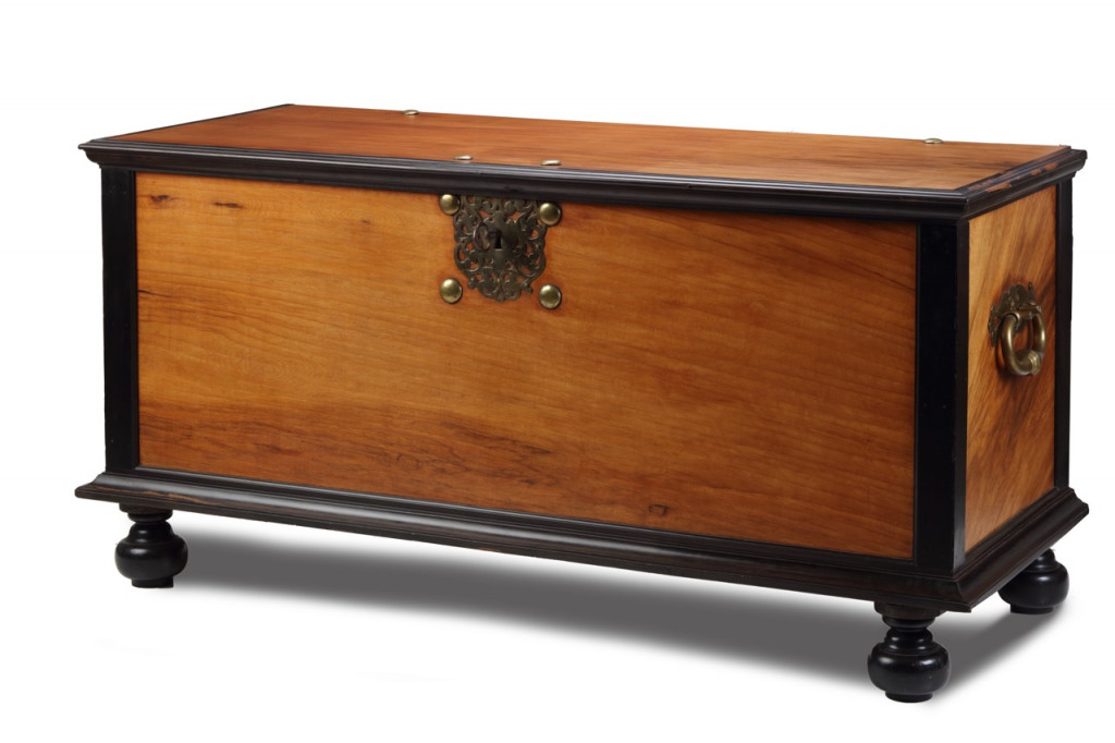 A Dutch-colonial five-foot amboyna wood VOC chest with brass mounts
