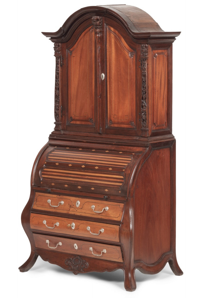 A Dutch-colonial Indonesian small Albizia adoratissima, Nangka and Ambalo wood Lady’s tambour bureau with brass mounts