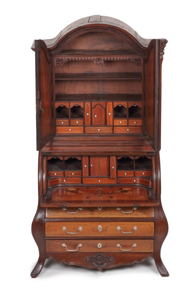 A Dutch-colonial Indonesian small Albizia adoratissima, Nangka and Ambalo wood Lady’s tambour bureau with brass mounts