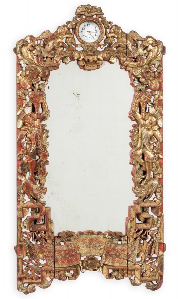 A charming carved giltwood Chinese export mirror frame with a watch-stand