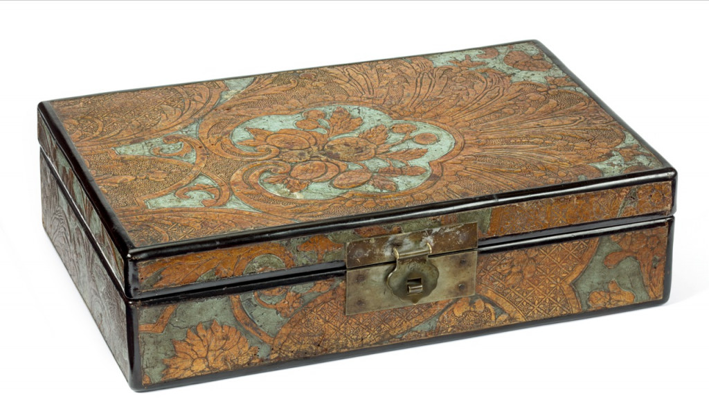 A Japanese lacquer box covered with Japanese gilt-leather paper imitating Dutch gilt leather, or kinkarakawakami