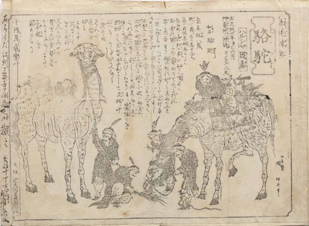 A Japanese Nagasaki-e print, nishiki-e, depicting two camels