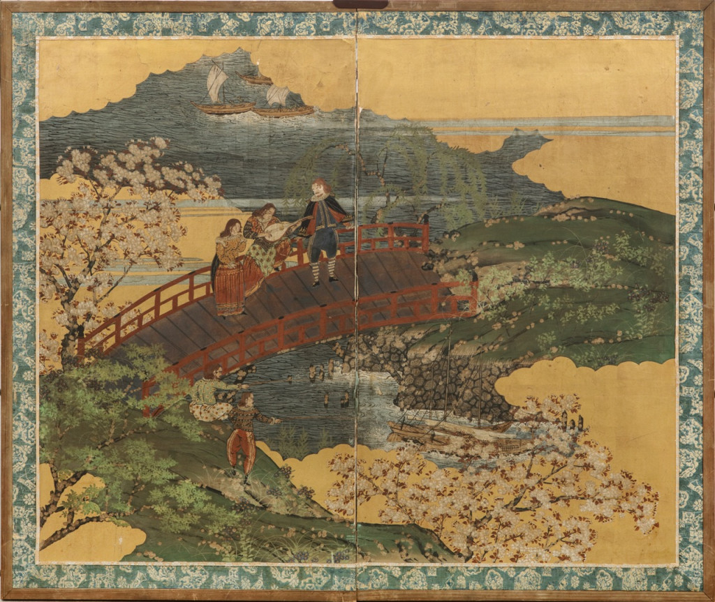 A Japanese two-fold Namban screen depicting Dutchmen and a woman
