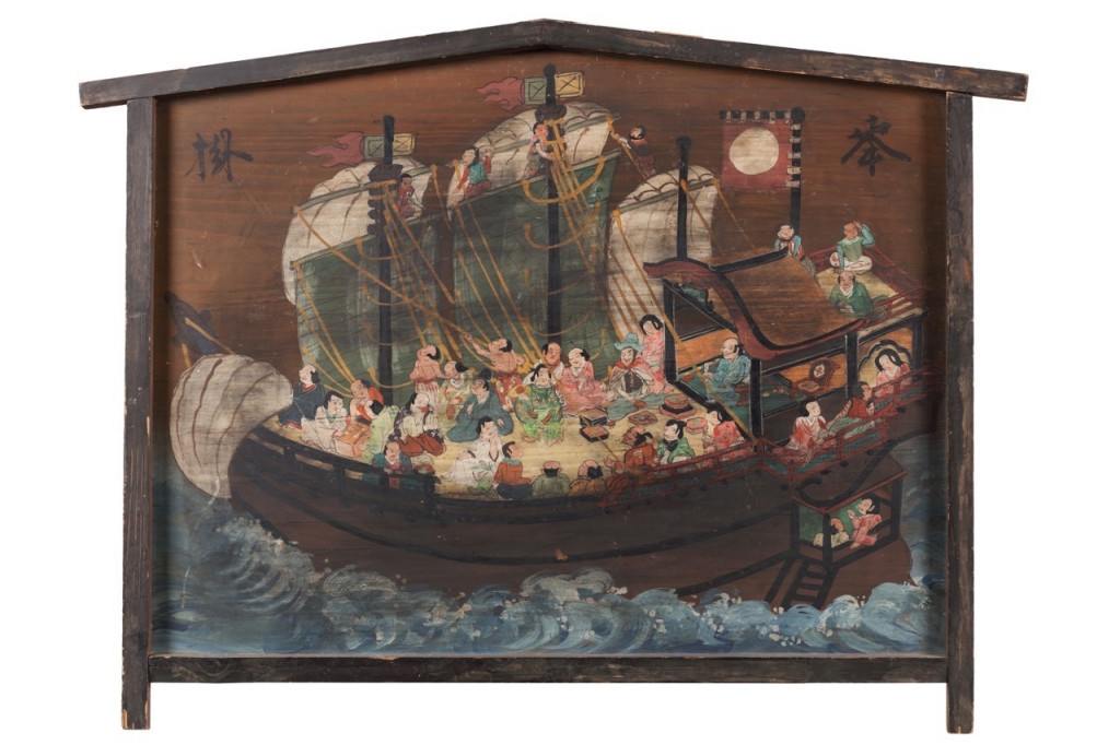 A large exceptional Japanese ema, or painted wood wishing board, depicting a ship