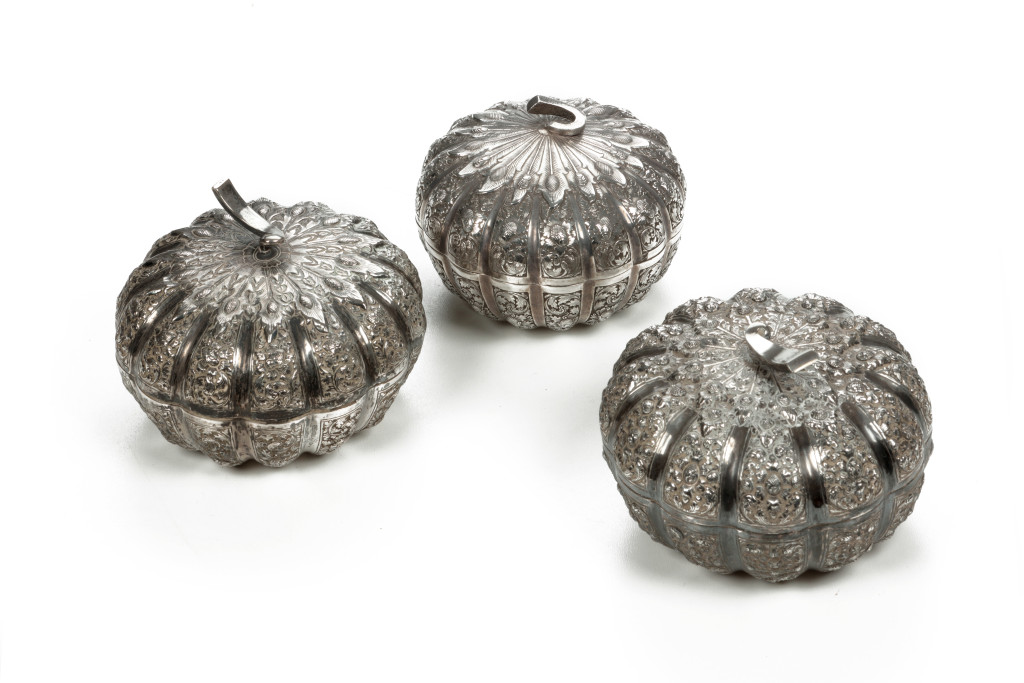 Three Cambodian pumpkin-shaped silver boxes
