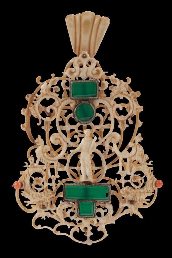 Two delicate openwork ivory Chinese export Renaissance Mignot-style pendants
