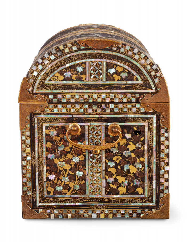A Japanese Namban lacquer coffer with copper mounts for the European market, signed by Arisato