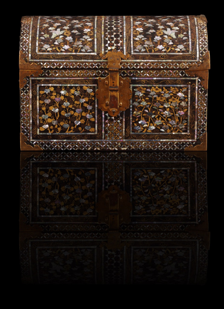 A Japanese Namban lacquer coffer with copper mounts for the European market, signed by Arisato