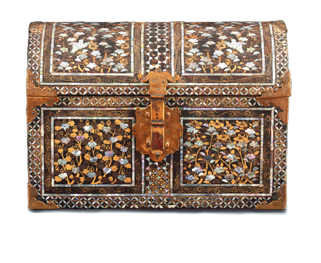 A Japanese Namban lacquer coffer with copper mounts for the European market, signed by Arisato
