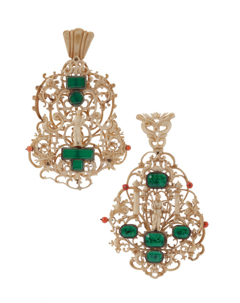Two delicate openwork ivory Chinese export Renaissance Mignot-style pendants