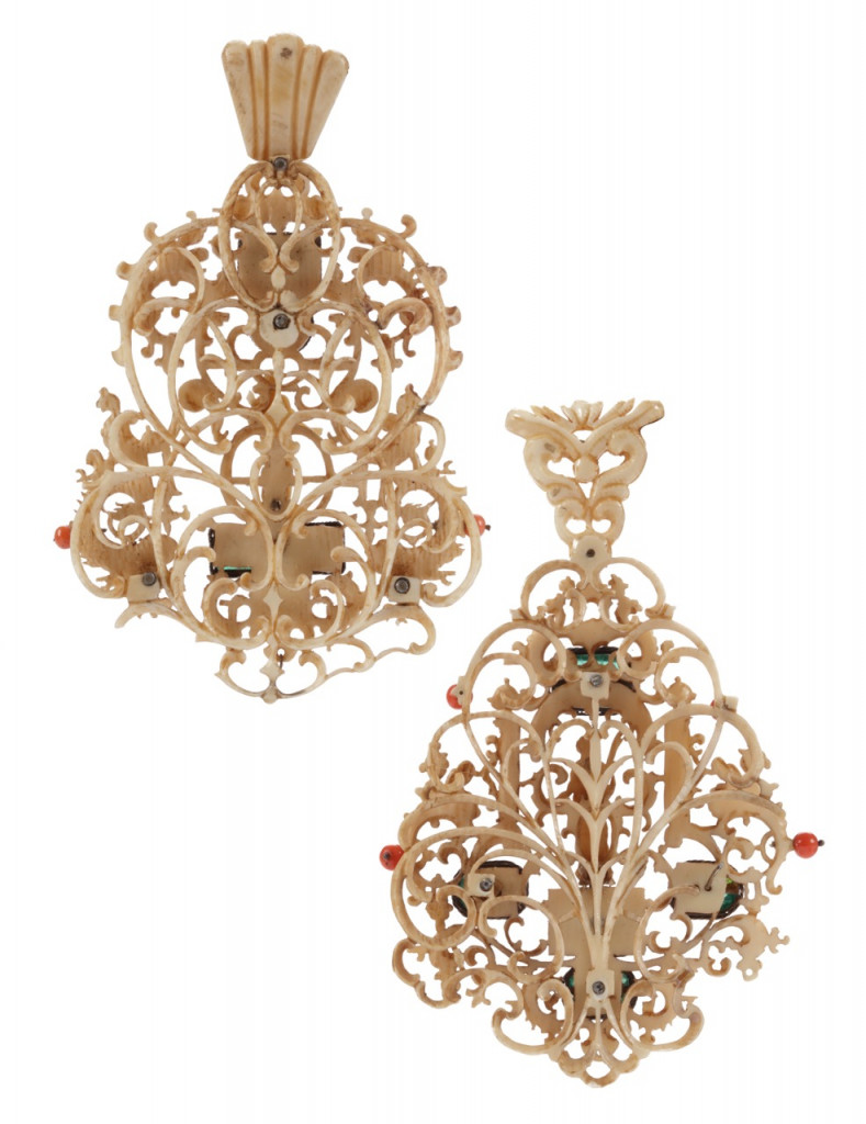 Two delicate openwork ivory Chinese export Renaissance Mignot-style pendants