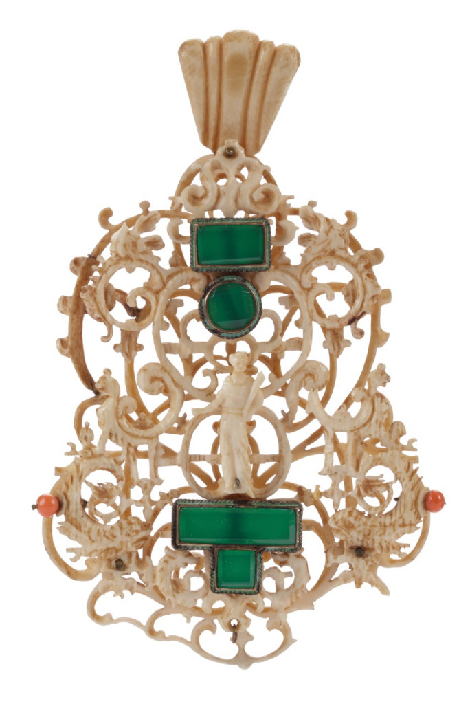 Two delicate openwork ivory Chinese export Renaissance Mignot-style pendants