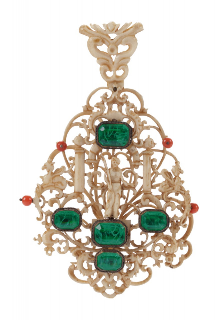Two delicate openwork ivory Chinese export Renaissance Mignot-style pendants