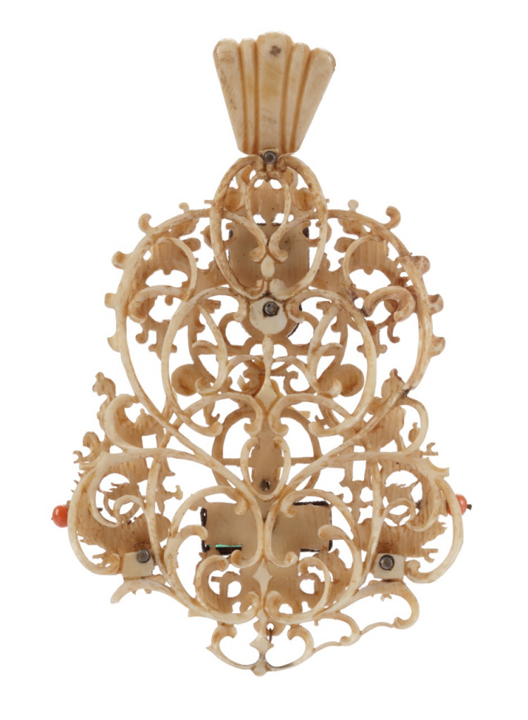 Two delicate openwork ivory Chinese export Renaissance Mignot-style pendants