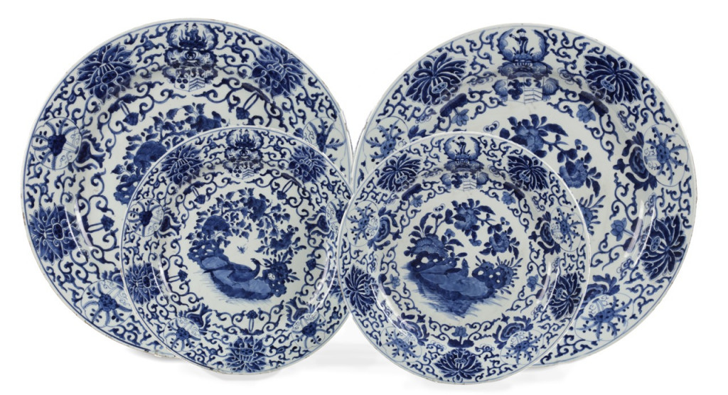 A set of four very large and two smaller Chinese armorial export blue and white porcelain 'Pelgrom' chargers