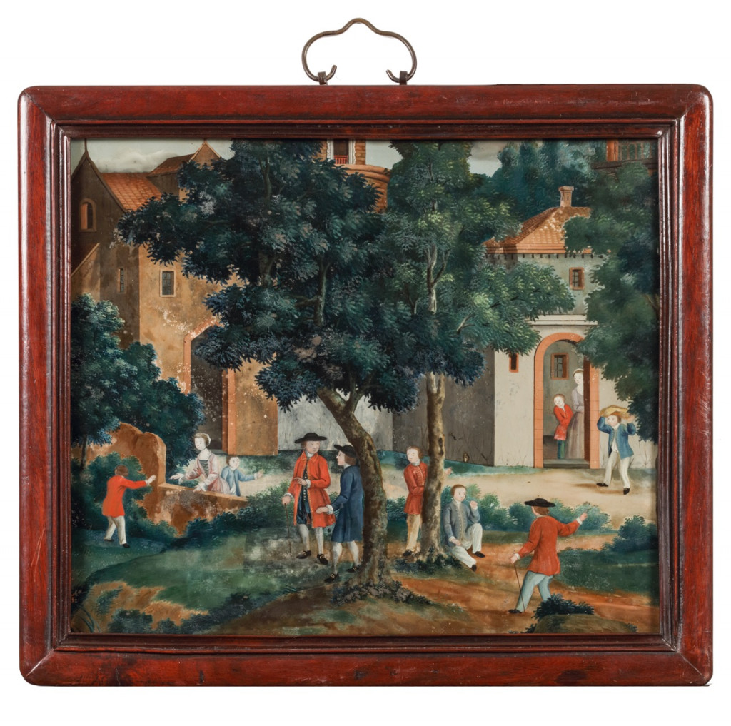 A Chinese export reverse-glass painting after an English print in original hardwood frame
