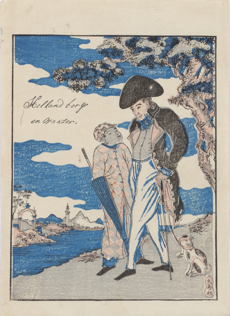 A Japanese colour Nagasaki-e print depicting a Dutch chief with a Javanese servant and a dog in a European landscape