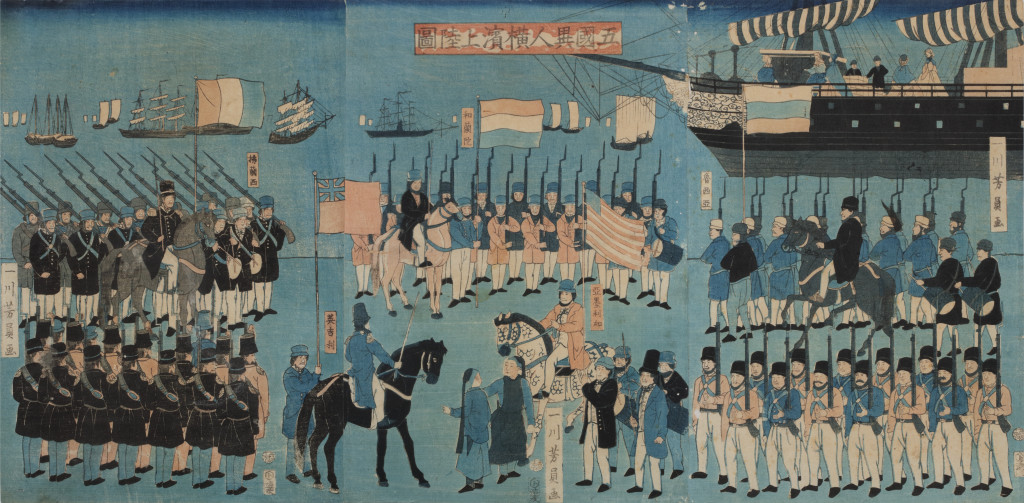 A woodblock print by Yoshikazu, titled 'Picture of the Landing of Foreigners of the Five Nations in Yokohama’, Gokakoku ijin Yokohama jõriku no zu