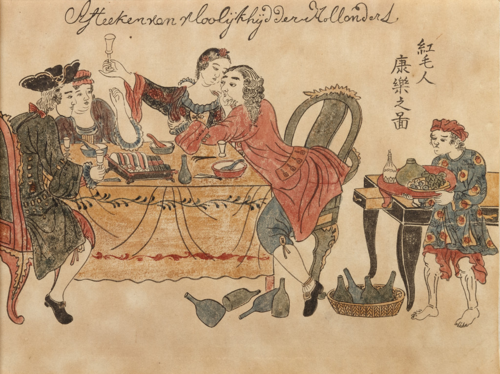 A Japanese woodblock print, Nagasaki-e, depicting drunk Dutchmen