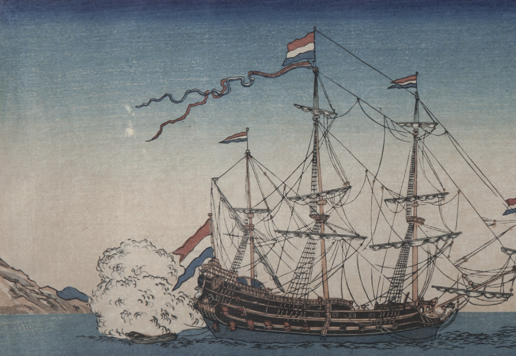 A Japanese, Nagasaki-e, woodblock print depicting a Hollandsch Groot Schip (Large Dutch Ship)