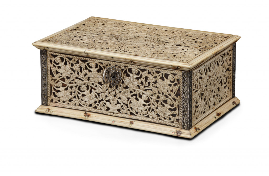 A rare Portuguese-Sinhalese openwork ivory and ebony casket with silver mounts
