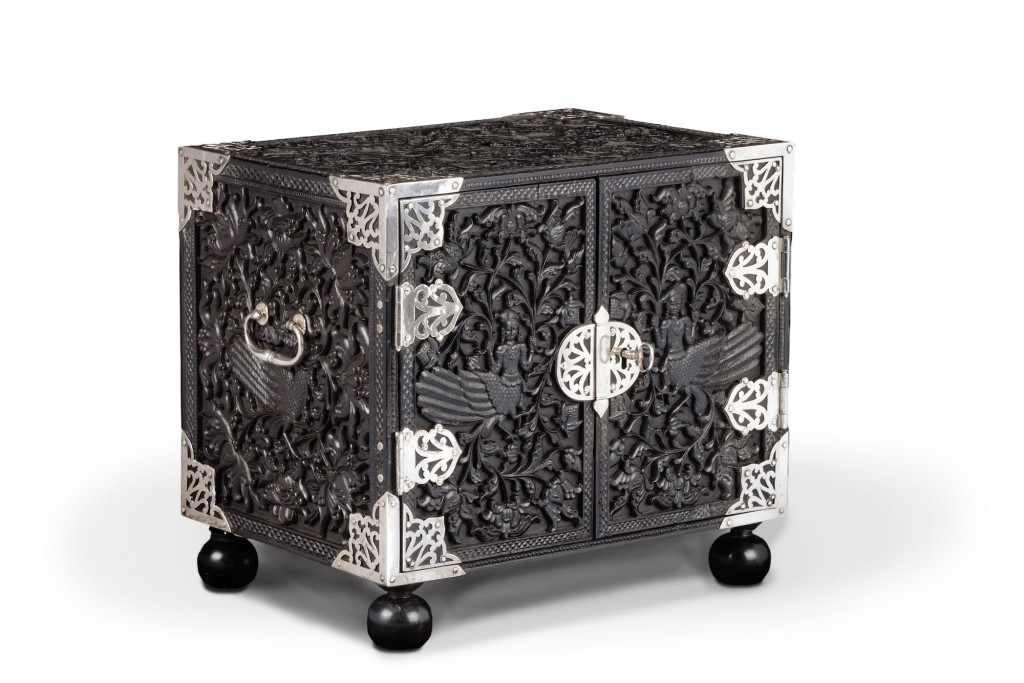 A splendid Dutch-colonial Sinhalese ebony two-door cabinet with silver mounts