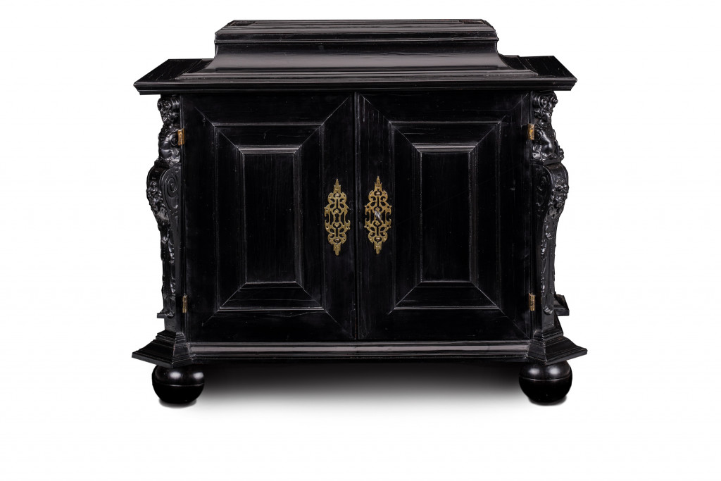 A fine ebony and pen-engraved mother-of-pearl and lacquer inlaid baleen collector's cabinet by or attributed to Herman Doomer (1595-1650) and Jean Bellekin (c. 1597-1635)
