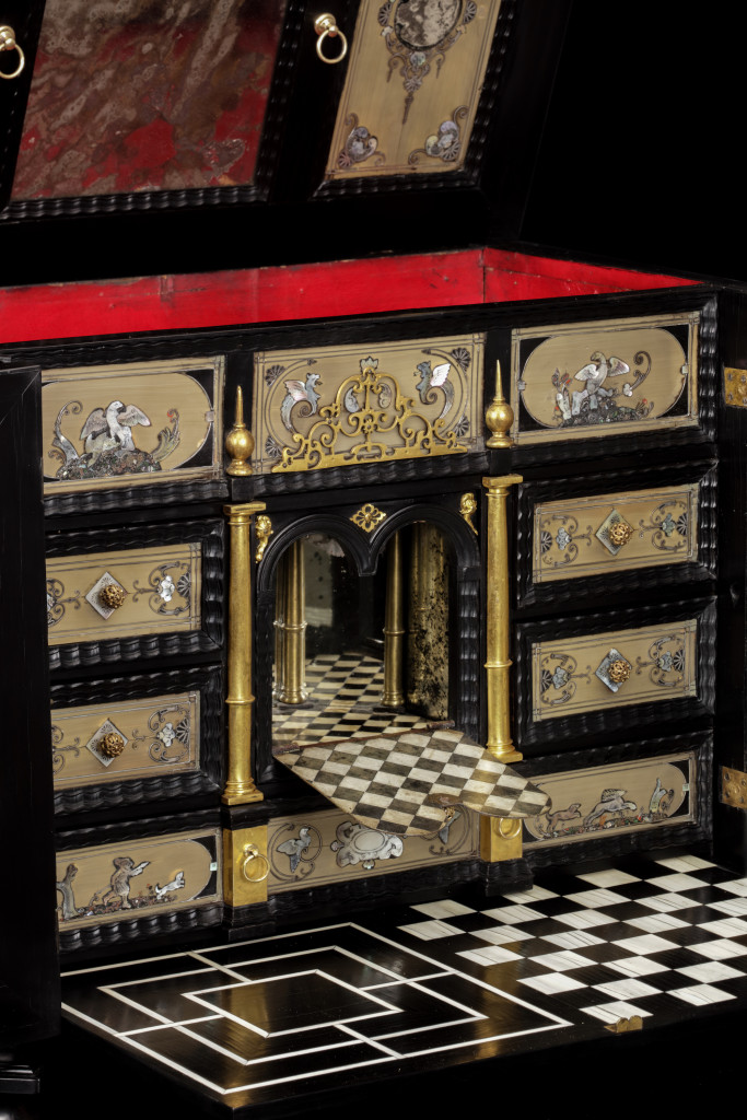 A fine ebony and pen-engraved mother-of-pearl and lacquer inlaid baleen collector's cabinet by or attributed to Herman Doomer (1595-1650) and Jean Bellekin (c. 1597-1635)