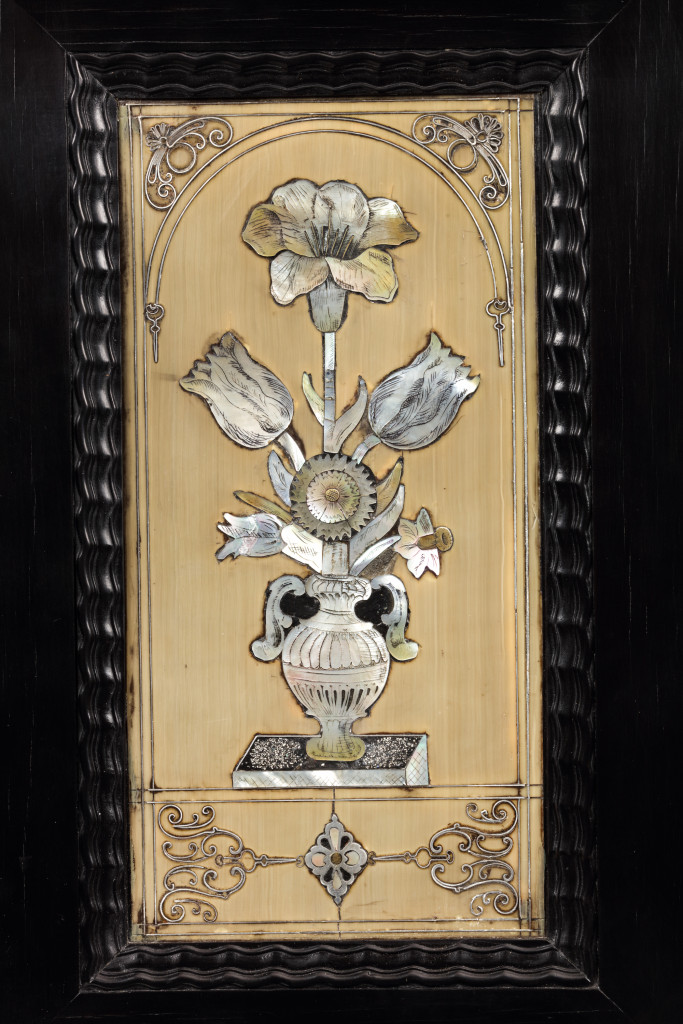 A fine ebony and pen-engraved mother-of-pearl and lacquer inlaid baleen collector's cabinet by or attributed to Herman Doomer (1595-1650) and Jean Bellekin (c. 1597-1635)