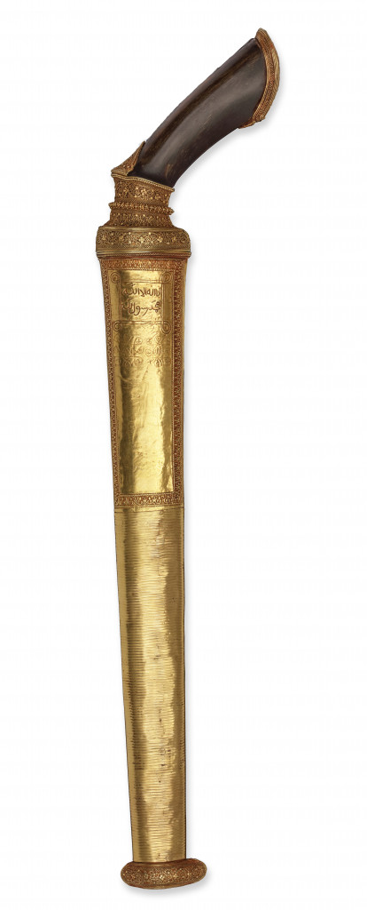 A superb Royal Buginese gold and horn badek dagger