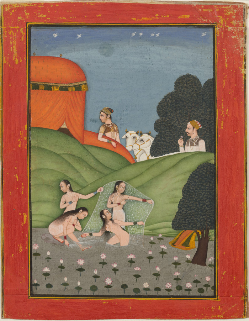An Indian miniature painting depicting a prince spying on bathing women