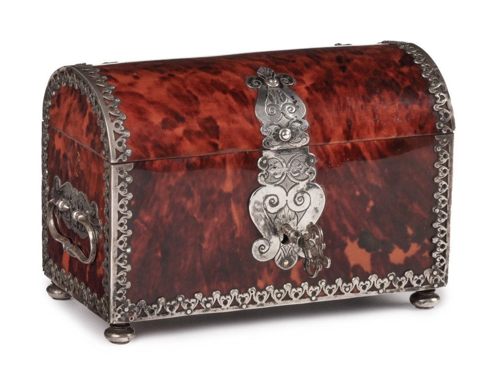 An Indo-Portuguese colonial tortoiseshell veneered wooden casket with silver mounts