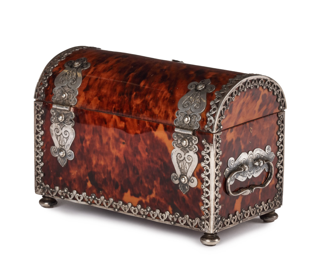 An Indo-Portuguese colonial tortoiseshell veneered wooden casket with silver mounts