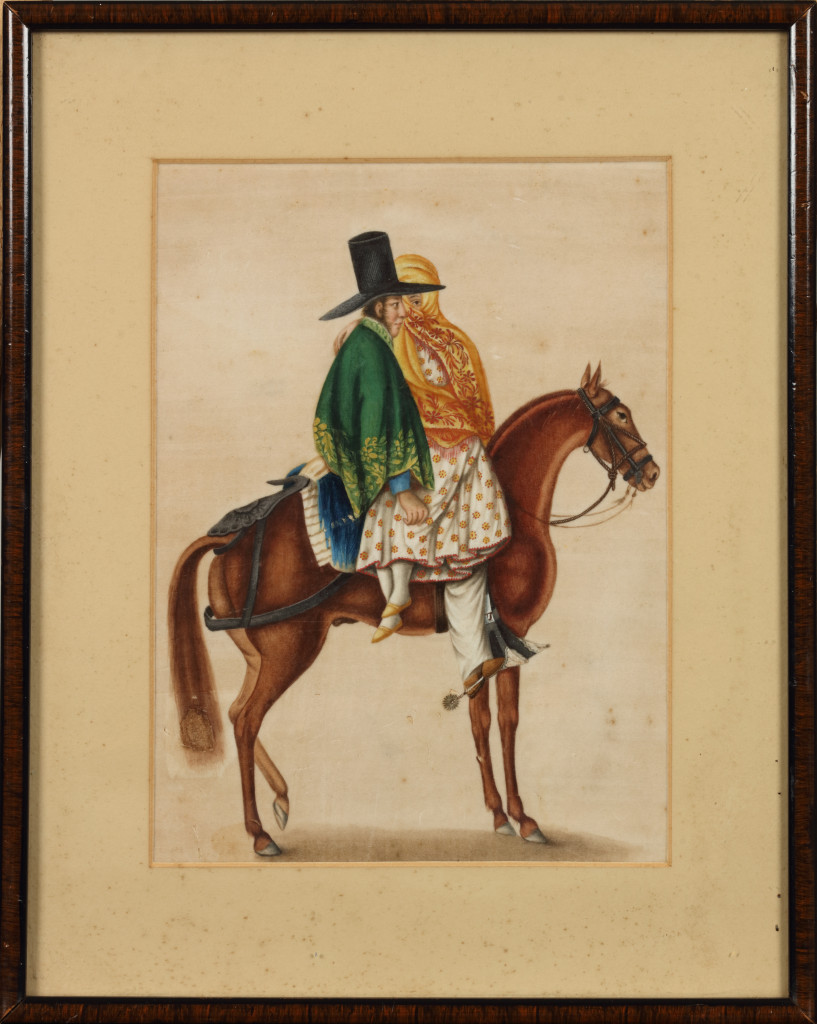 A Chinese export painting of a Peruvian couple on horseback