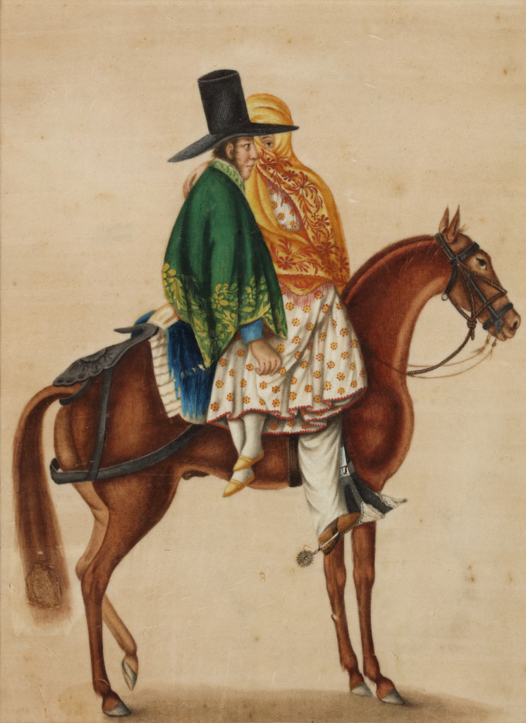 A Chinese export painting of a Peruvian couple on horseback