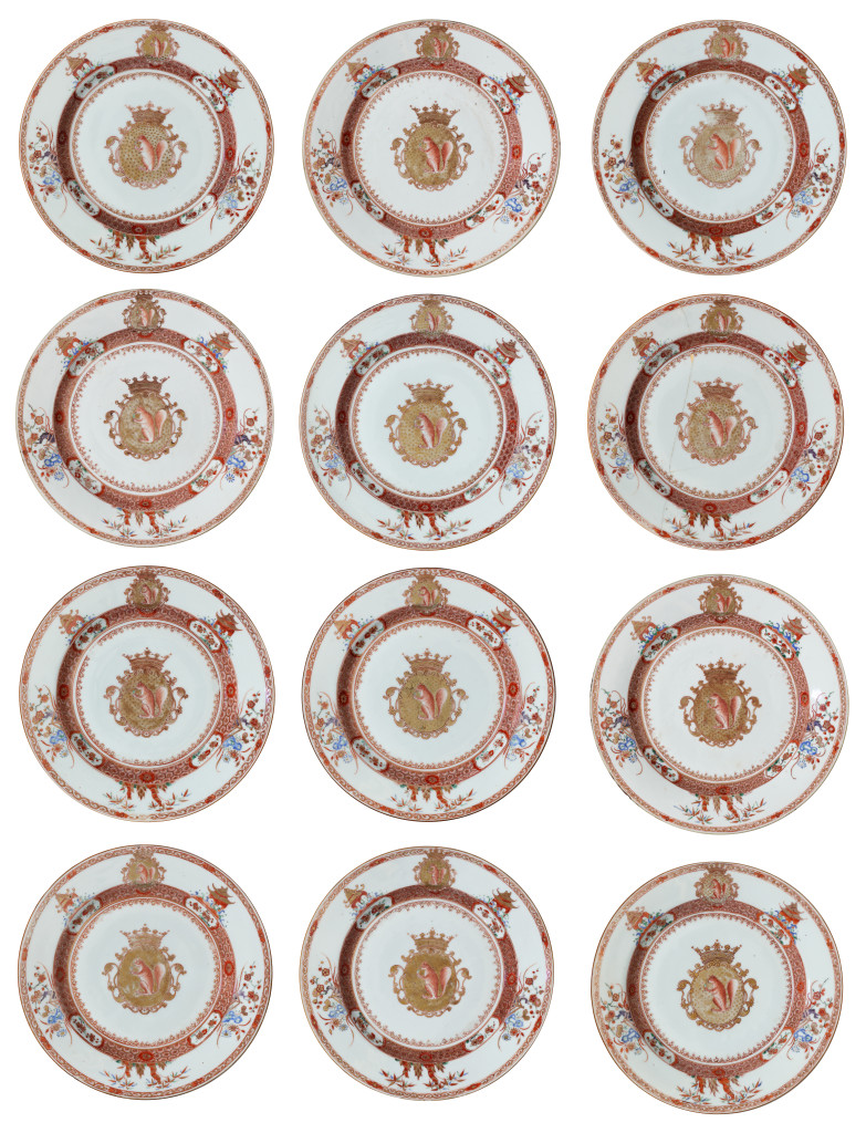A rare set of twelve Chinese export porcelain plates bearing the arms of Jan Albert Sichterman (1692-1764)