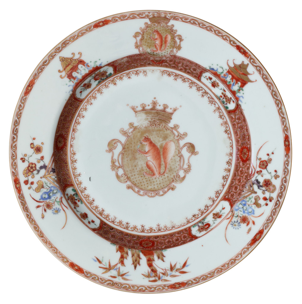 A rare set of twelve Chinese export porcelain plates bearing the arms of Jan Albert Sichterman (1692-1764)