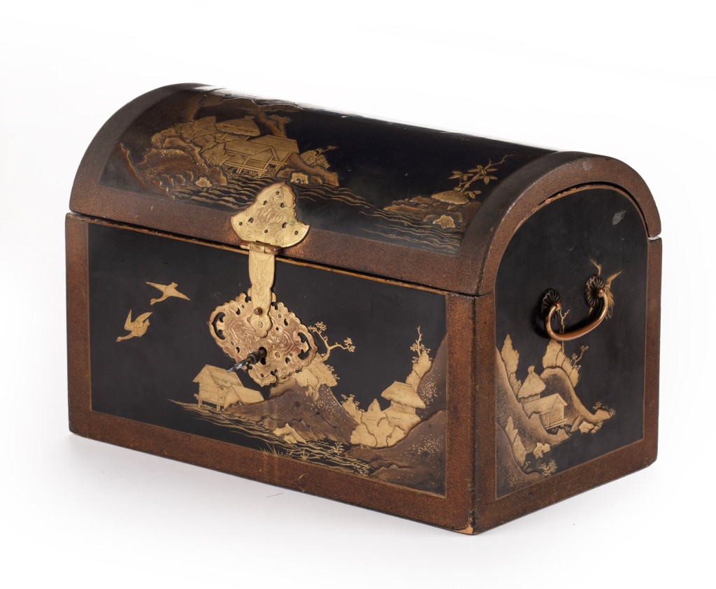 A fine Japanese export lacquer coffer in the pictorial style with gilt-copper mounts