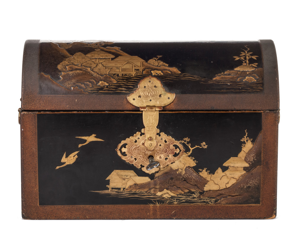 A fine Japanese export lacquer coffer in the pictorial style with gilt-copper mounts